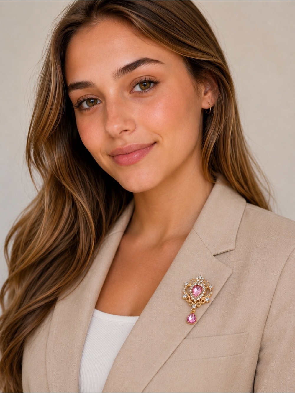 NWT Pink Rhinestone Dangle Brooch Pin Gold Tone Princess Crown Statement Brooch - Picture 2 of 6